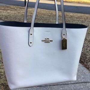 New COACH Leather Town Tote in Chalk